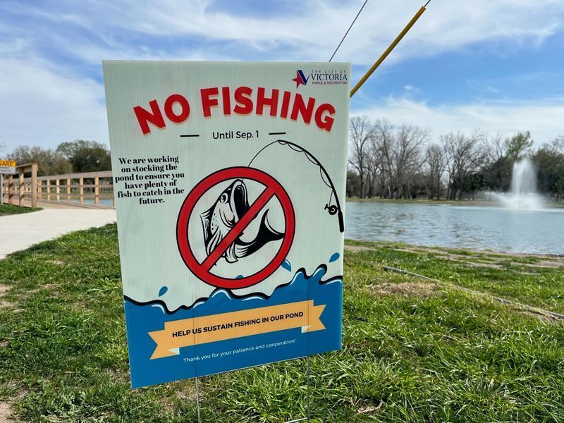 A sign at the duck pond reads No fishing until September 1st. We are working on stocking the pond.