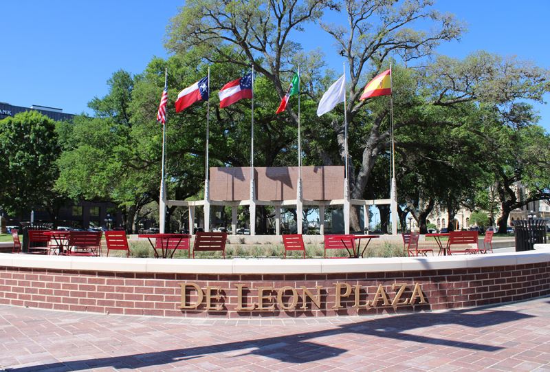 Six Flags display at De Leon Plaza with new seating and brick landscaping