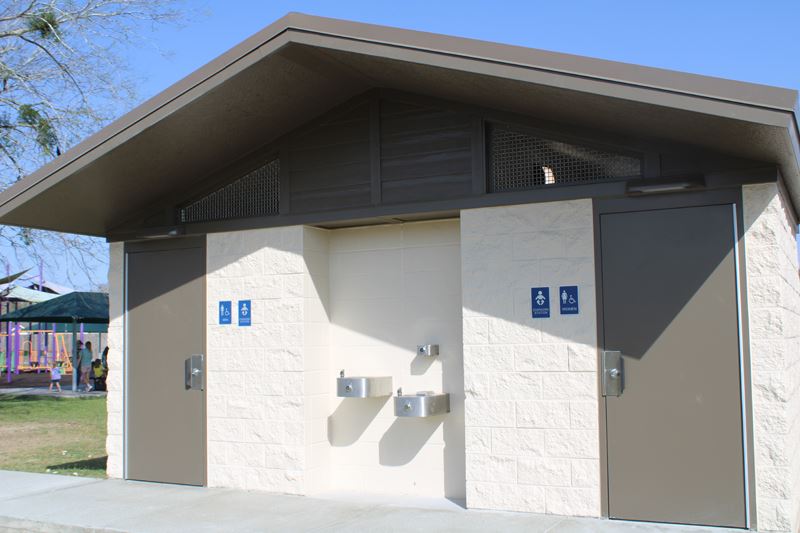 The new restroom between the Ethel Lee Tracy Park's playground and splash pad.