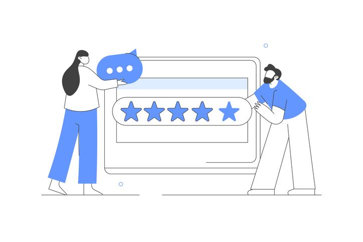 Illustration featuring a woman holding a speech bubble and a man gesturing to a row of five stars
