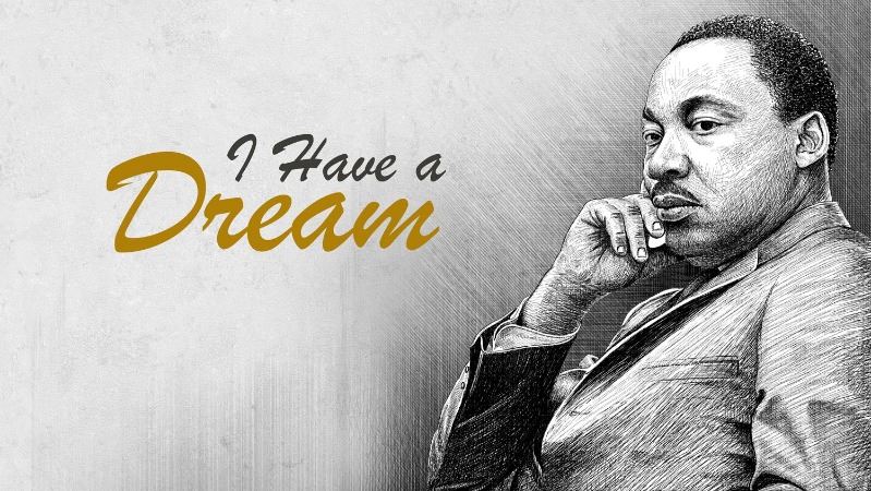 Black-and-white illustration of Martin Luther King Jr. with cursive text: I have a dream.