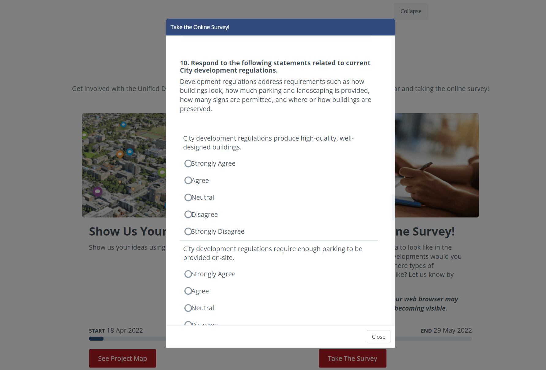 A webpage with a survey asking respondents to rate their feelings about statements about development
