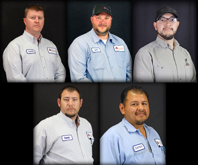 Five portrait photos of men in work uniforms