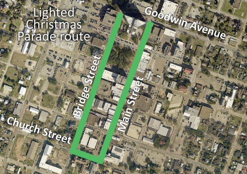 Map shows parade route from Main and Goodwin to Main/Church, Bridge/Church and Bridge/Goodwin