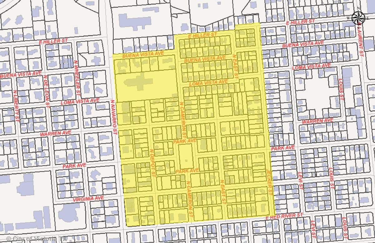 Map highlighting Queen City neighborhood west of Jecker Street