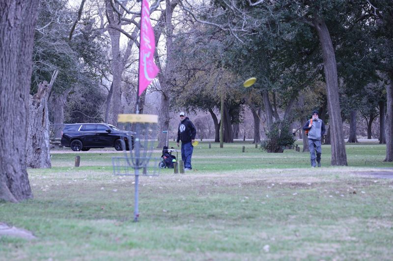 Disc golfer watches his shot near the basket