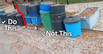 Containers of yard waste. Standard trash cans marked Do This. Tubs marked Not This.
