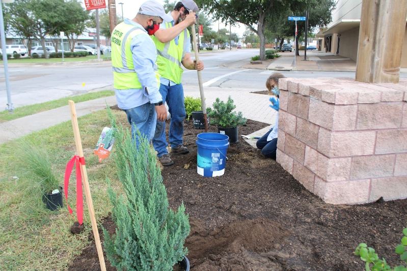 Near the sign, two men dig a hole while a woman kneels. A plant in a plastic pot sits near the hole