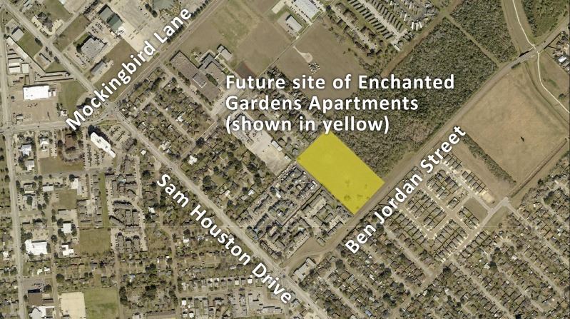 Map showing site of Enchanted Gardens near Sam Houston and Ben Jordan