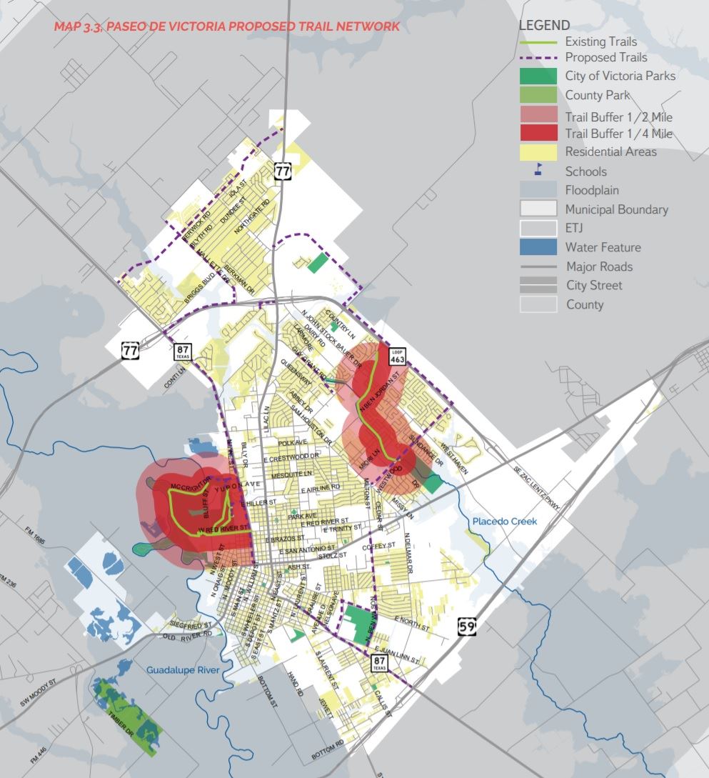 A map shows walking trails concentrated in 2 areas of the city. Dotted lines show a proposed network
