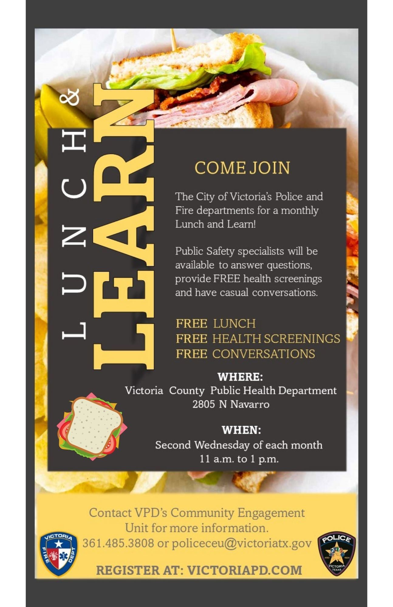 Lunch and Learn. Victoria County Public Health Department, 2805 N. Navarro. Second Wednesday